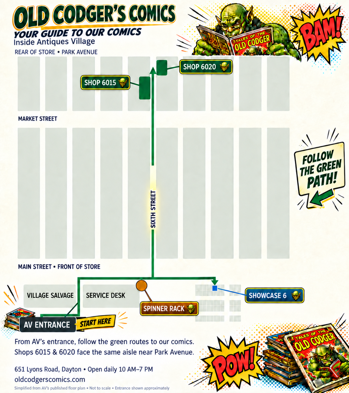 Old Codger’s Comics shopper map inside Antiques Village. From the entrance, follow the green route past the service desk to Showcase 6 and the spinner rack, then along Sixth Street to Shops 6015 and 6020 near Park Avenue.