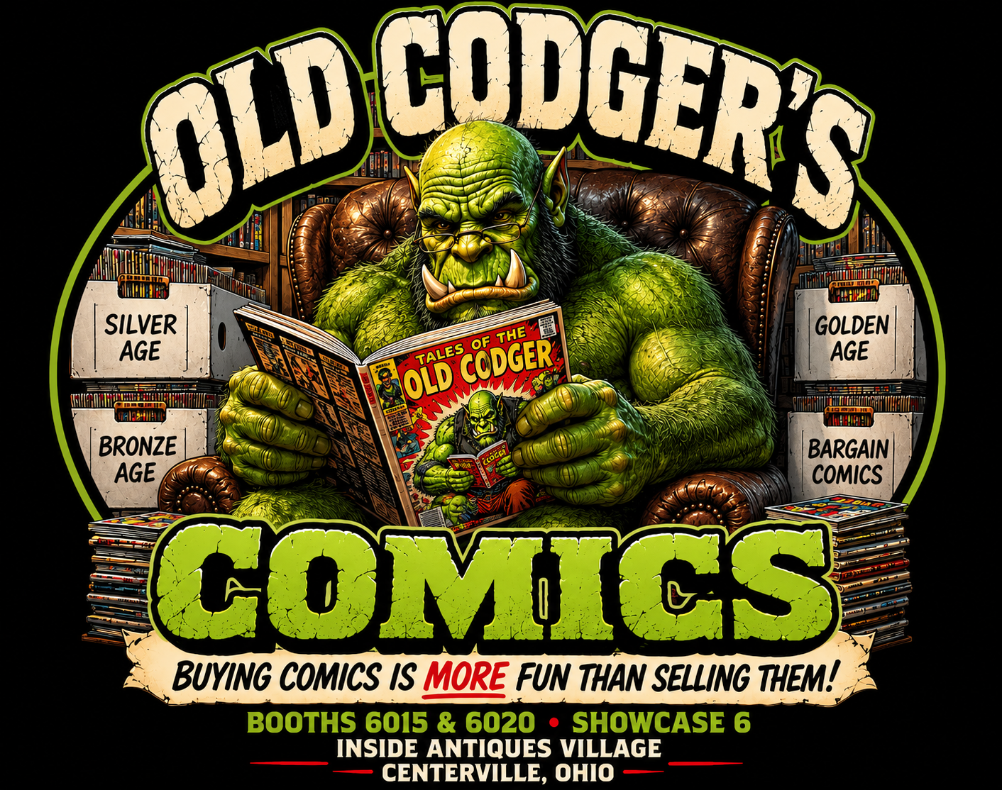 Old Codger’s Comics emblem featuring the green Old Codger reading Tales of the Old Codger among Golden, Silver and Bronze Age comic boxes.