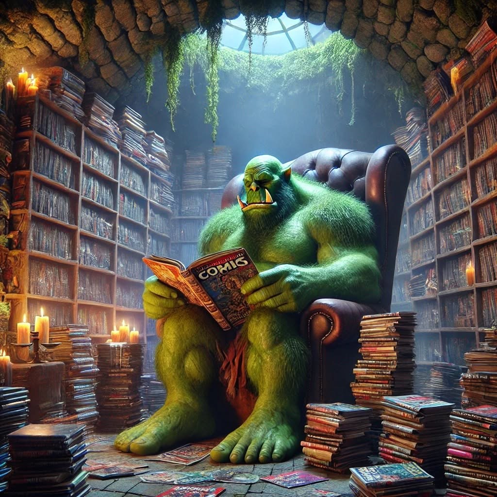 The original Old Codger character reading a comic in an illustrated library.